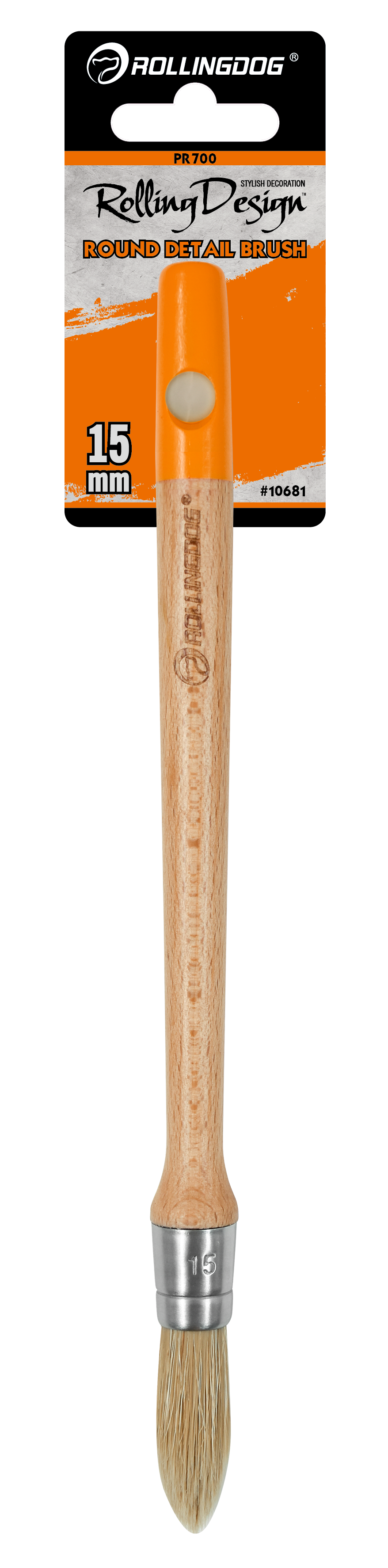 Rolling Dog round detail brush with wooden handle and metal ferrule on a white background