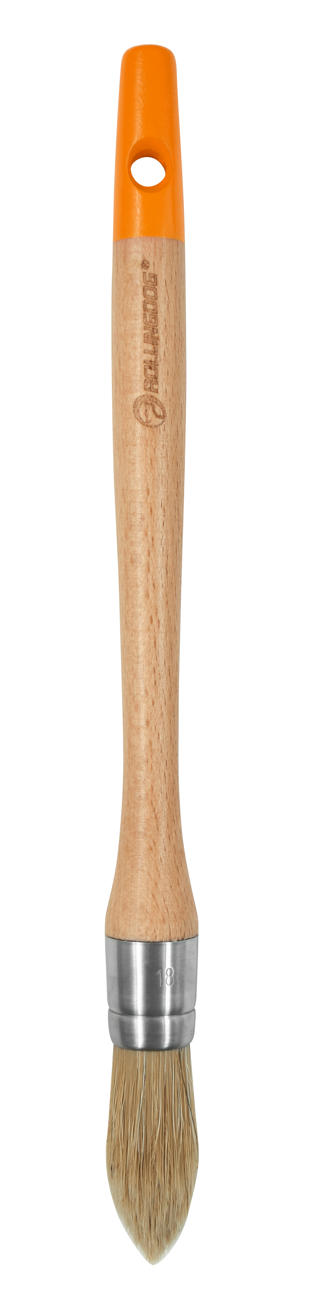Paint brush with wooden handle and orange ferrule on a white background