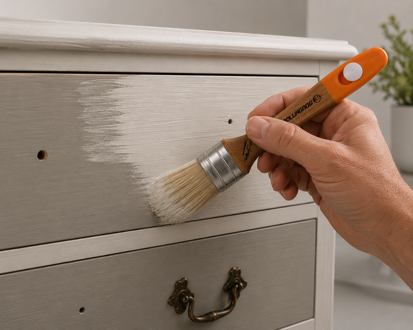 Oval chalk brush painting a dresser
